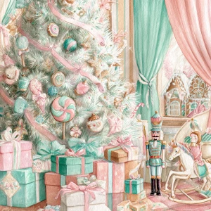 A detailed watercolor illustration of a whimsical pastel Christm...