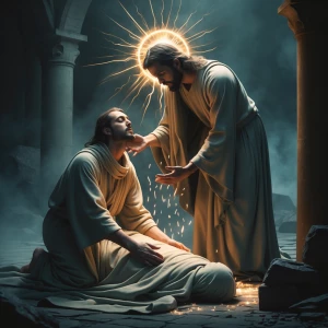 Create an image showing a mystical scene where a figure is offer...
