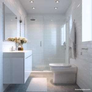 Create a realistic image of a small modern bathroom in an all-wh...