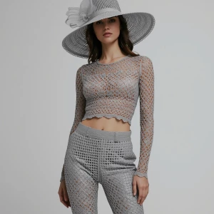 Create an image of a high-fashion model wearing sleek silver cro...