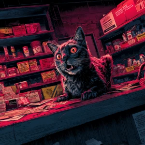 A masked street cat. Hostage cat trembling behind the counter, s...