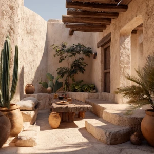 Create a detailed image of a desert-inspired courtyard with ston...