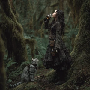 In the depths of a gloomy forest, where majestic trees are cover...