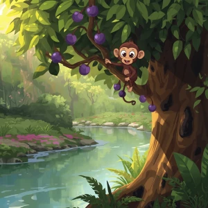 small brown monkey with big expressive eyes sitting on a lush ja...