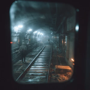 Inside a dark, dimly lit train tunnel, the perspective is from a...