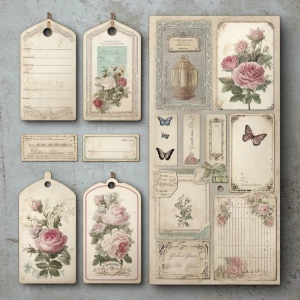 Print-ready vintage ephemera sheet with a coordinated set of sha...