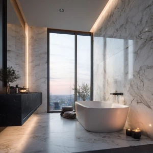 Design a modern penthouse bathroom featuring panoramic city view...