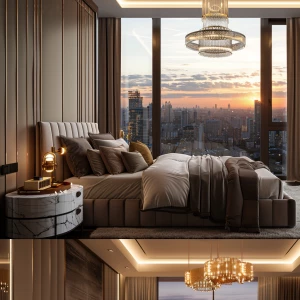 Ultra-realistic photo of a luxury apartment bedroom, warm neutra...