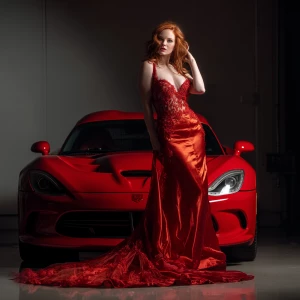 full body portrait gorgeous redhead wearing a high end luxury go...