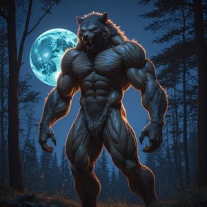 In a moonlit forest clearing, picture a powerful lycanthrope tow...