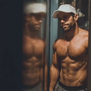 Generate an image of a muscular handsome well groomed and hairy...