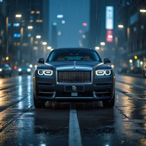 Cinematic low angle shot of a matte black Rolls Royce Cullinan...