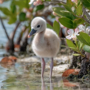 A newborn baby flamingo chick named Flan, soft pale-gray down wi...