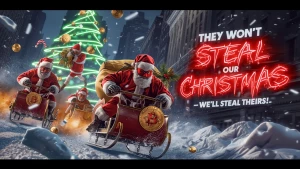 Create an epic Christmas banner in GTA Vice City style: Santa in...