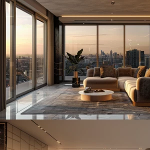 Ultra-realistic photo of a modern 2-room luxury apartment living...