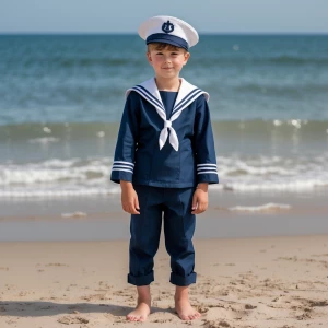 A 14-year-old boy, dressed in a classic navy blue sailor outfit...