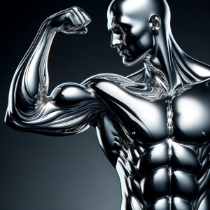 his entire right arm chrome silver, like Liquid Metal perfect mu...