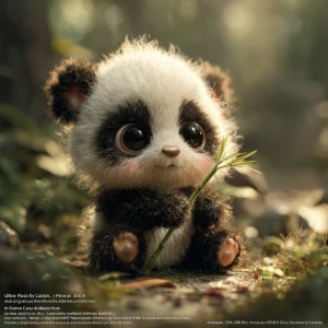 “Ultra-cute baby panda sitting in soft morning light, holding a...
