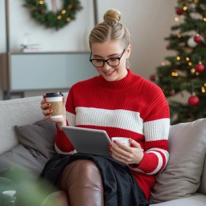 Create an image of a modern Mrs. Claus with a sleek updo, wearin...