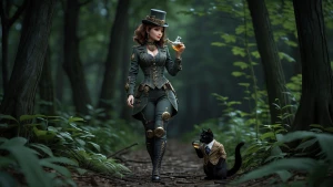 In the depths of a gloomy deep green forest, a brunette in an in...