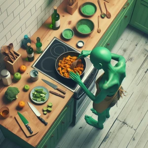 A cooking video top view of a green person making orange chicken