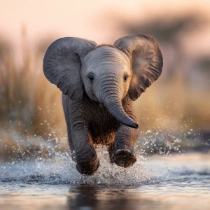 A young African elephant calf named Ember joyfully splashing thr...