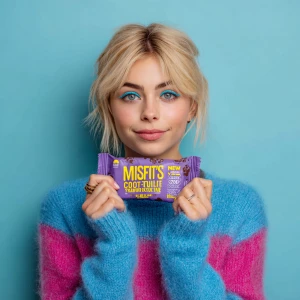 This image features a young woman holding a "MISFITS Cookie Doug...