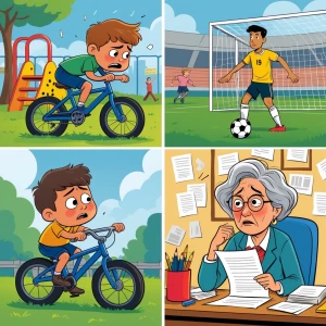 Split scene with three mini-scenes: 
1) Child falling from a bi...