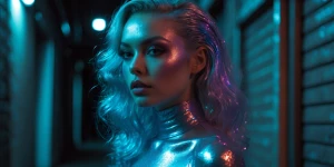 A gleaming retro-futuristic nymph, exuding an otherworldly elega...