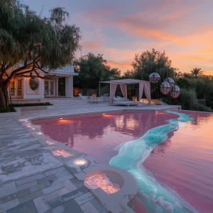 Create an image of an ornate mansion's rear terrace illuminated...