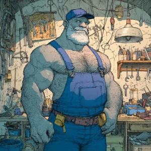 Imagine a muscular and very hairy handyman without a shirt, dres...