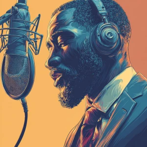 Generate a photo of a sophisticated, man  Include a microphone i...