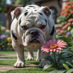 Generate an image of a white bulldog with distinct black spots o...