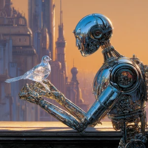 Retro-futuristic concept art. A sleek, chrome-plated robot with...