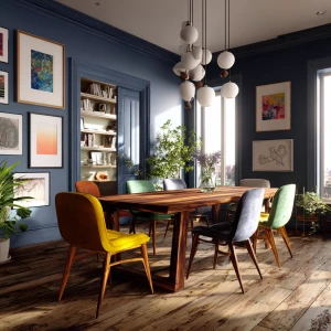 Create an image of a Nordic dining room featuring deep blue wall...