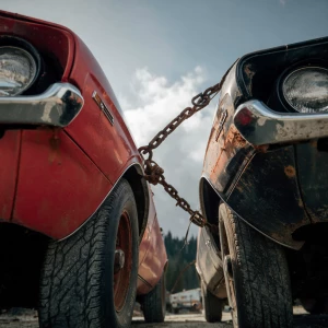 A low angle shot 2 cars tied by a grapple hook