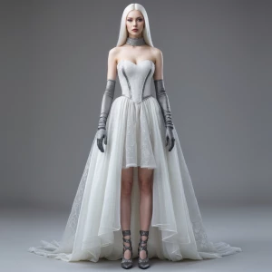 Pale-skinned east asian slavic woman. Long silver white straight...