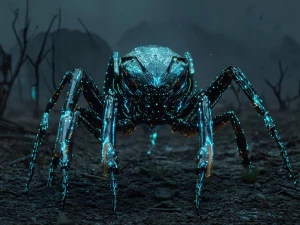 In the dimly lit depths of a barren wasteland, a cimmerian chrom...