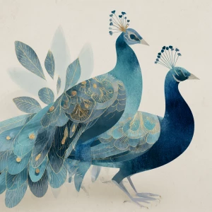 Style: Shabby-Chic Peacock — flat watercolor + soft gouache; des...