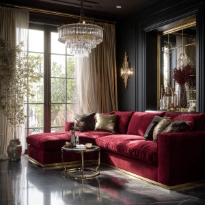 Create a luxurious glam living room featuring a deep red velvet...