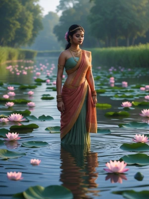 Generate an image of an Indian woman standing by a serene river...