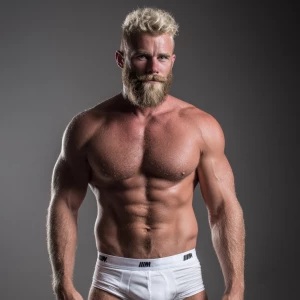 Generate an image of a confident, muscular blonde man with a bea...