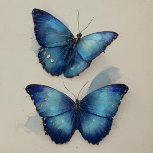 Prompt: Dark blue Morpho menelaus top-view and 3/4-view; delicat...