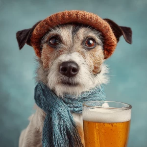 A dog holding beer