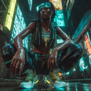 Cyberpunk street heroine, athletic Nigerian female in late 20s,...
