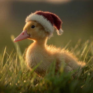 A yellow feathered baby call duck wearing a Santa hat gently thr...