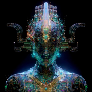 A virtually transcendent virtual AI deity, glowing with ethereal...