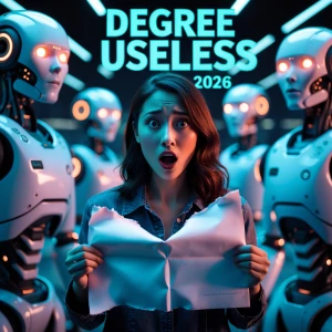 "Shocked student holding a torn college diploma, futuristic AI r...
