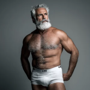 Generate an image of a confident, muscular gray man with a beard...