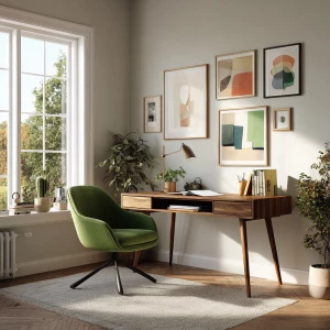 Create a minimalist yet vibrant Scandinavian home office featuri...